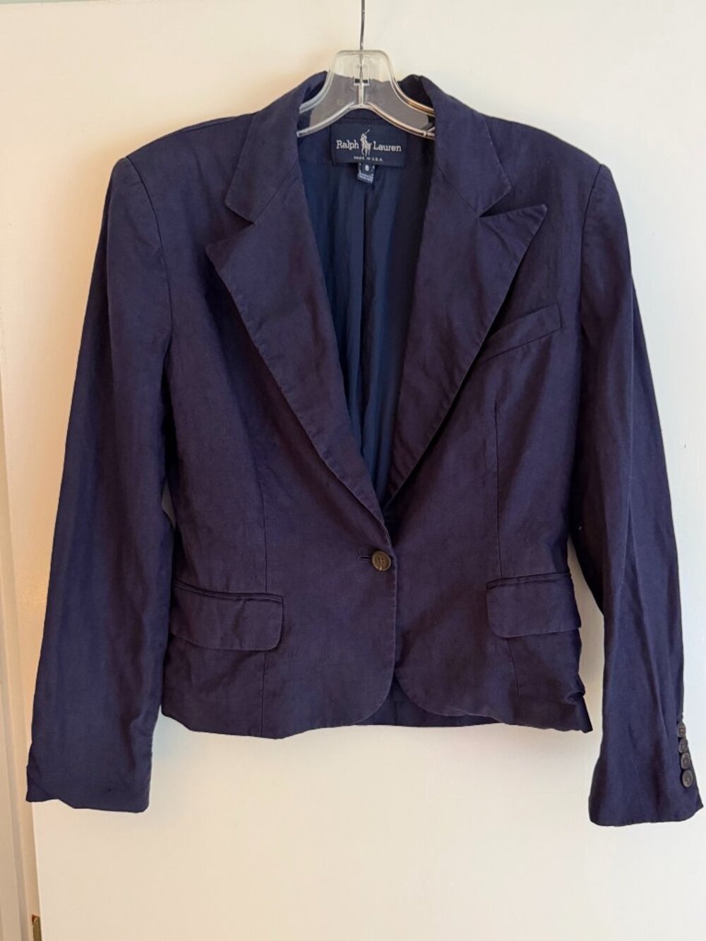Vintage Ralph Lauren: Navy Linen Cropped Blazer: Size 8
